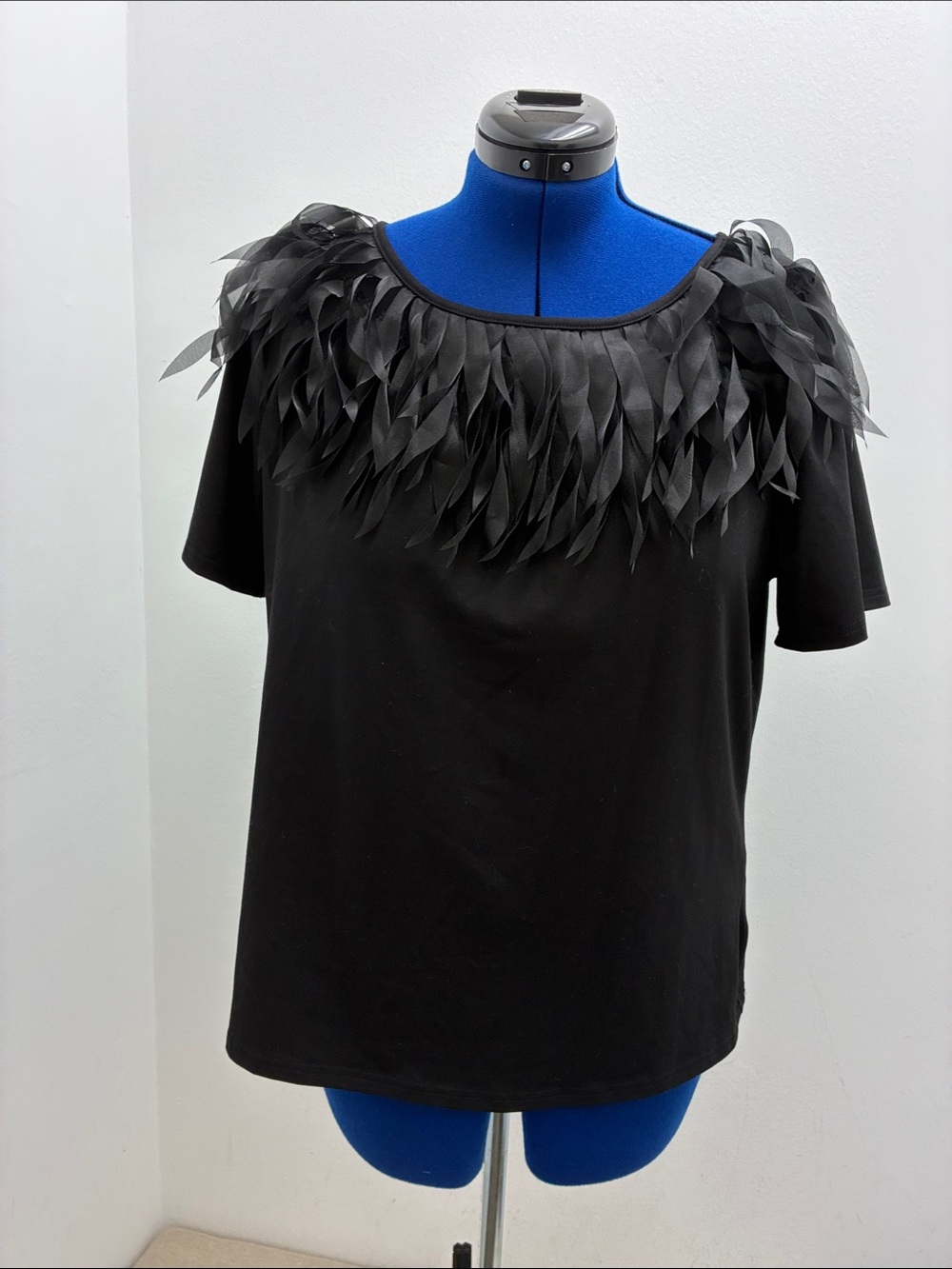 Women’s Black Faux Feather-Trim Short Sleeve Top
